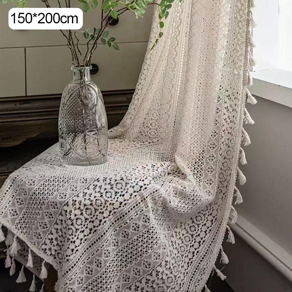 Boho Sheer Lace Curtains with Tassels Vintage Crochet Hollow Out Rod Pocket Window Drapes for Farmhouse Bedroom Living Room