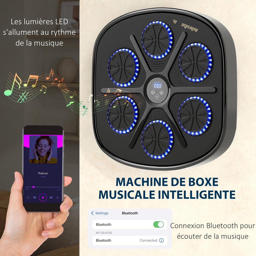 Musical Boxing Machine, Wall-Mounted, 9 Speeds, Bluetooth, Gloves, 41.8 x 44.6 x 7.5 cm, Black