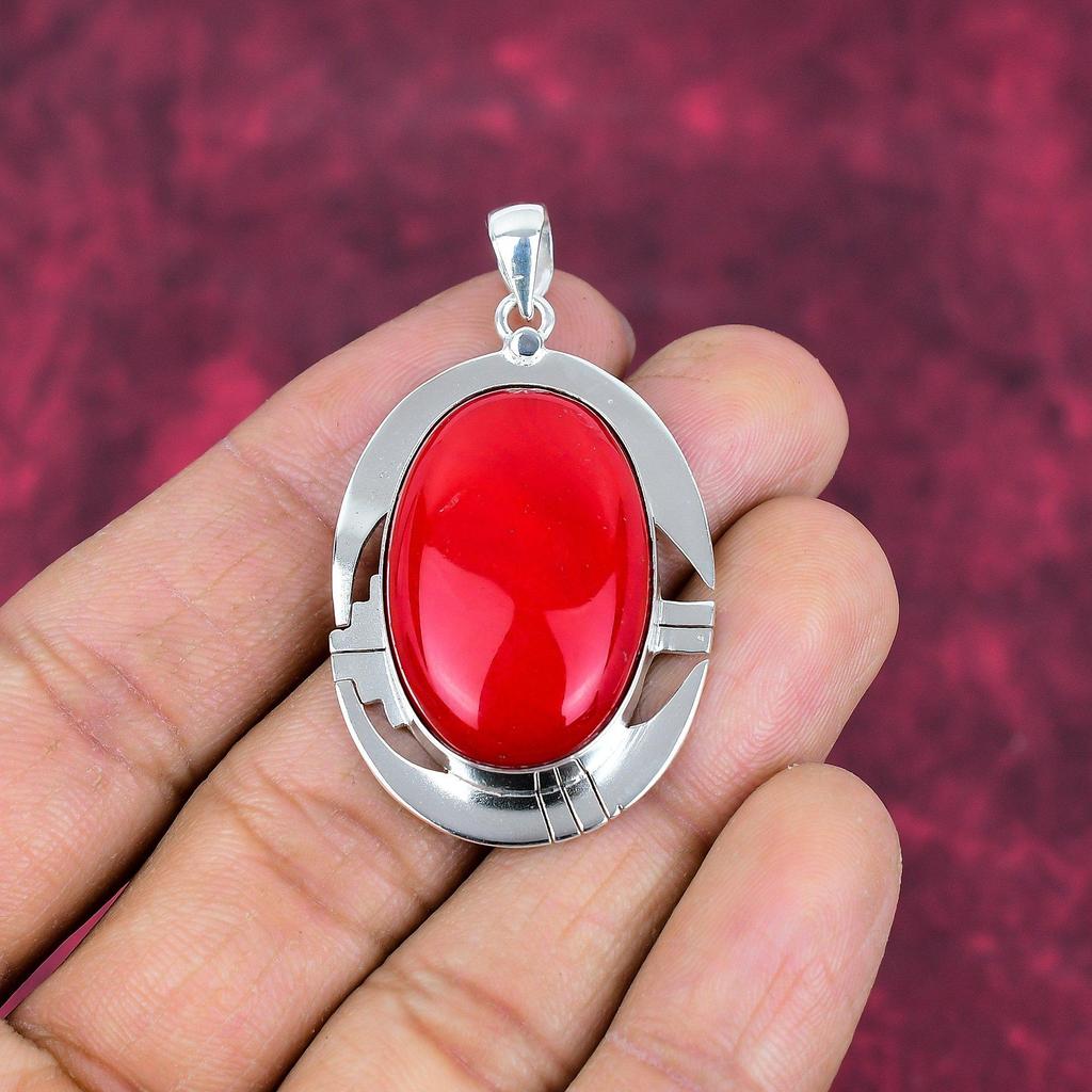 Red Coral Handmade Gemstone Pendant, 925 Solid Sterling Silver Pendant Antique Jewelry, For Engagement Gift