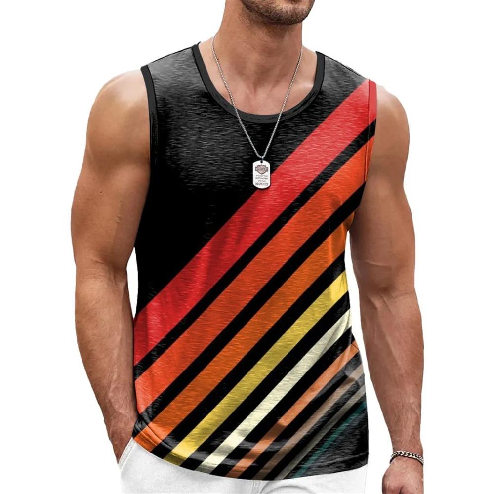 Mens Retro Stripe Graphic Vest Fashion Summer Sleeveless Casual 3D Printed Vest Loose Soft Comfortable Breathable Vest