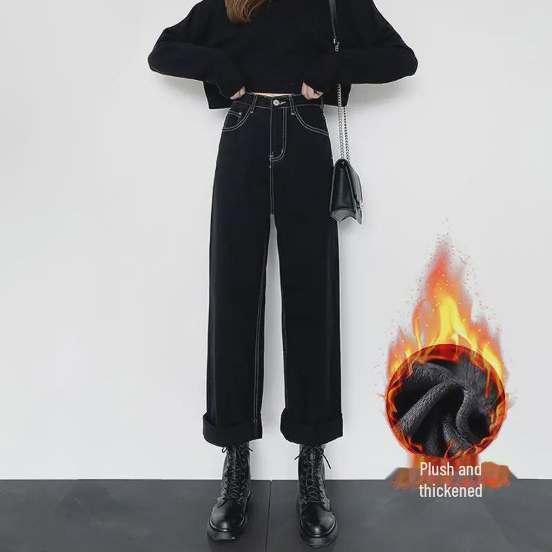 

Женские узкие черные джинсы с высокой талией: Корейский стиль, прямой, свободный, широкий с бархатом на осень L (106-120 jin)