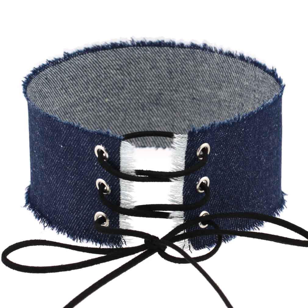 Blue Denim Bow Choker, Raw Edge Wide Denim Tie Bow Clavicle Neckband