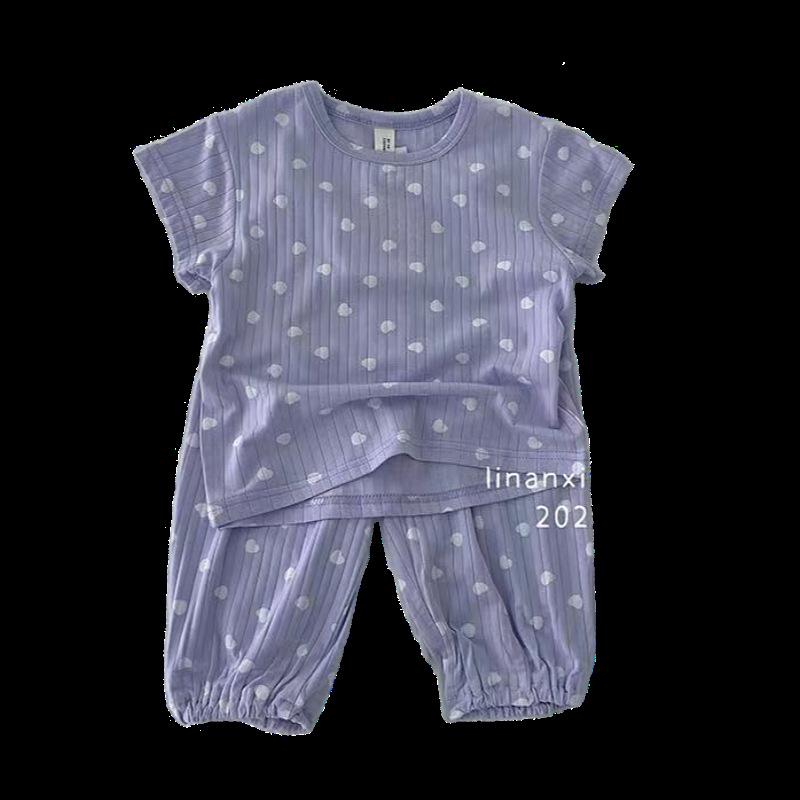 2023 Letní Dívčí Žebrovaný Pyžamový Set ze Ledového Hedvábí s Krátkým Rukávem - Korejský Styl