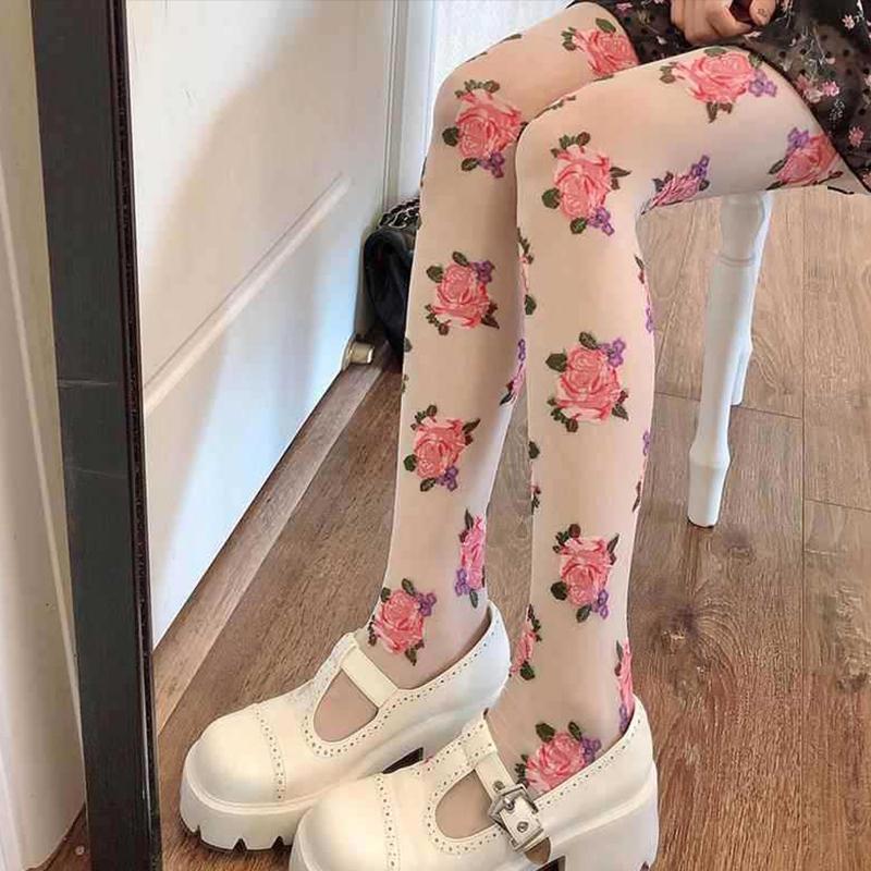 Female Hosiery Printed Rose Stockings Pink Black Floral Tights Thin Mesh Pantyhose Girls Spring Summer Sexy Tights For Women