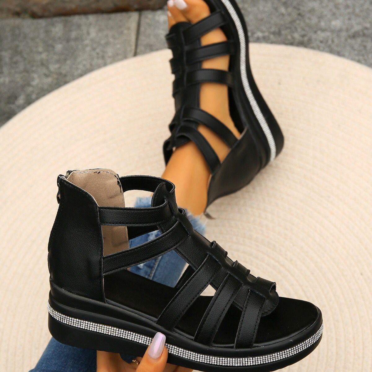 

2025 spring and summer new fish mouth wedge heel platform women s sandals rhinestone hollow muffin round head Roman sandals women 36 чёрный