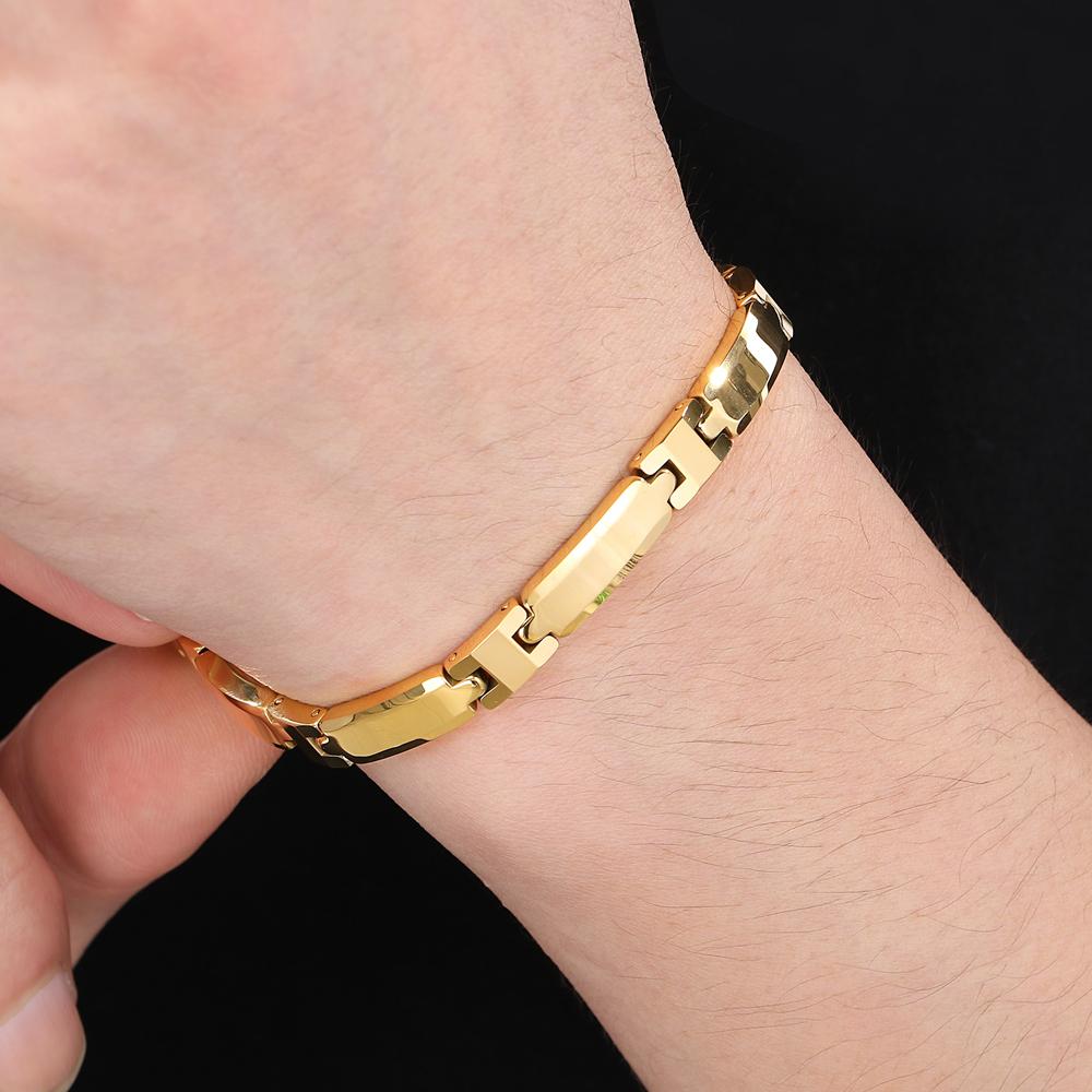 Schwere Wolframstahl-Armbänder für Männer und Frauen, goldfarben, hochglanzpoliert, 7 mm breite Gliederkette, Handarmband, Herrenschmuck, Damen