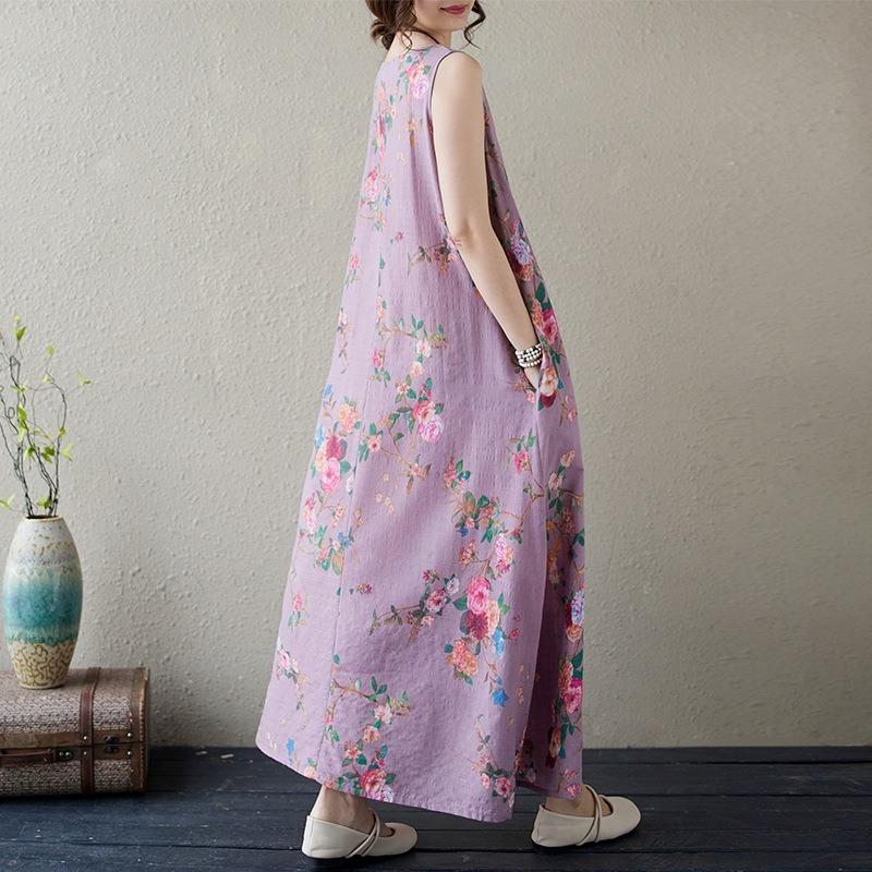 Real summer new cotton and linen printing retro literary and artistic fattening enlarged sleeveless vest medium and long dress women