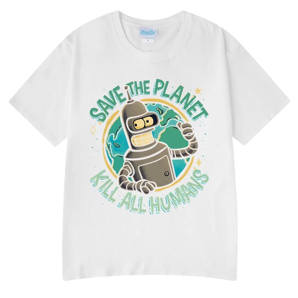 Funny Save The Planet Kill All Humans Robot Graphic Print T Shirt Men's Women Fashion Short Sleeve T-shirt Oversized  Tees