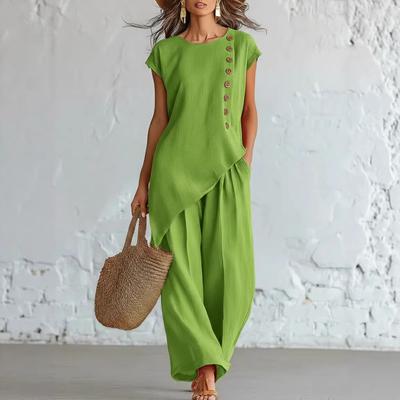 Set Pantaloni a Gamba Larga e Top Bohemian con Scollo Rotondo, Manica Corta e Bottoni, Orlo Irregolare Casual