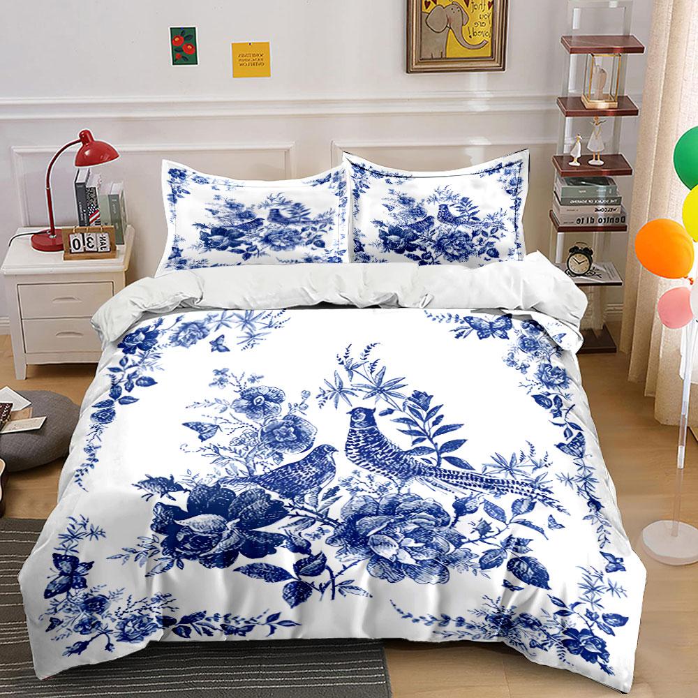 Blue Floral Birds Pattern Bedding Duvet Cover Set Duvet Cover Pillowcases (1*Duvet Cover 2*Pillowcases, Without Duvet Insert)