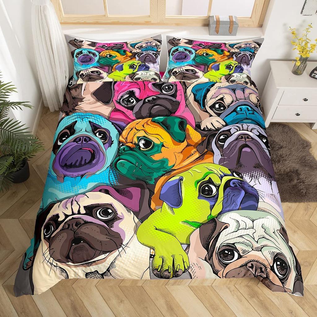 Puppy Dog Duvet Cover Full Queen Size Kawaii Pug Comforter Cover Love Heart Print Bedspread Cover Cute Pet Black Bedding Set