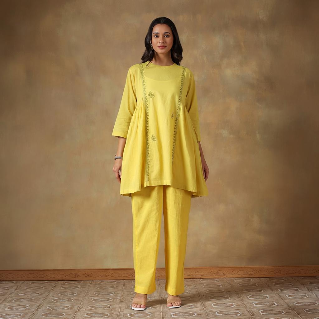 Yellow Cotton Chikankari Co-ord Set