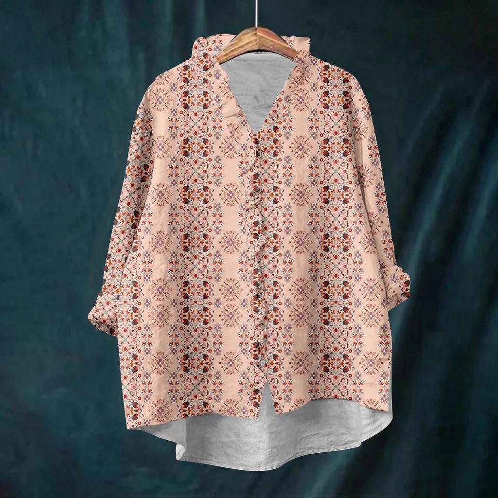 Damen Locker Rüschen Floralprint Stehkragen Langarm Baumwolle und Leinen Top