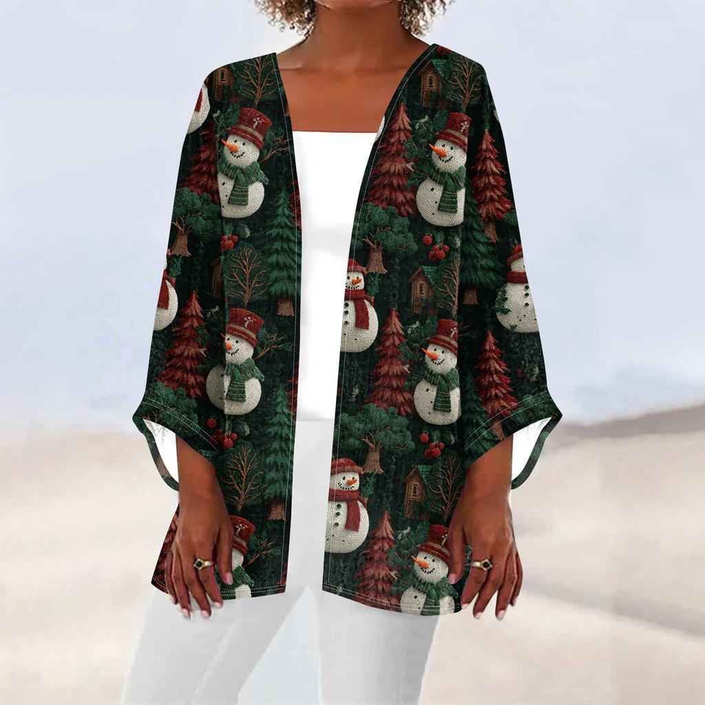 Women's Casual And Fashionable Christmas Printed Lightweight Mid Length Jacket Cardigan
