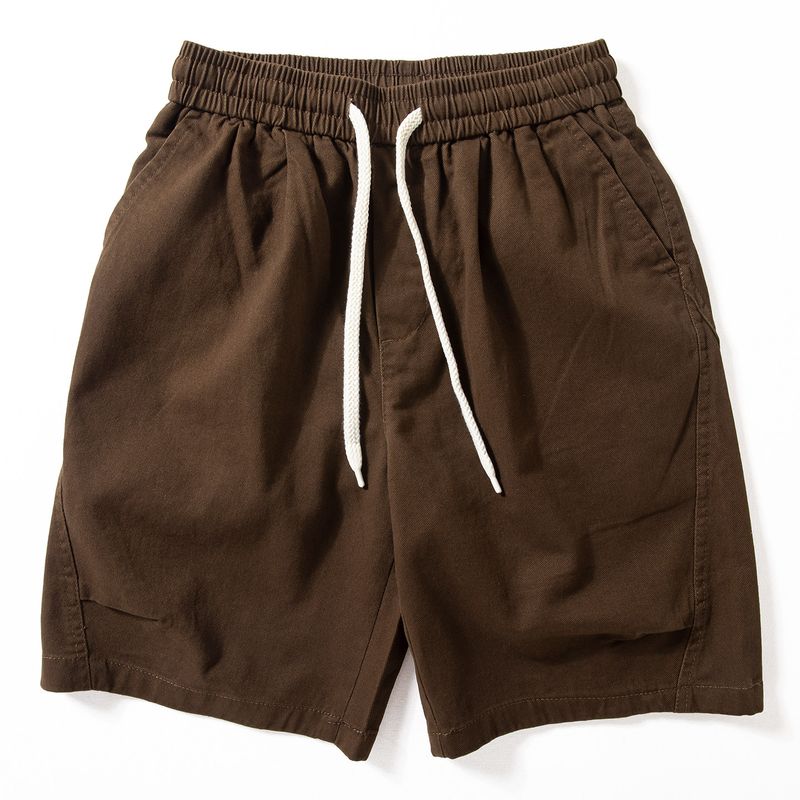 Men s Summer Washed Cotton Elastic Waist Straight-Leg Shorts Japanese Retro Trendy Loose Casual Knee-Length Shorts Coffee 3XL((90-100kg))