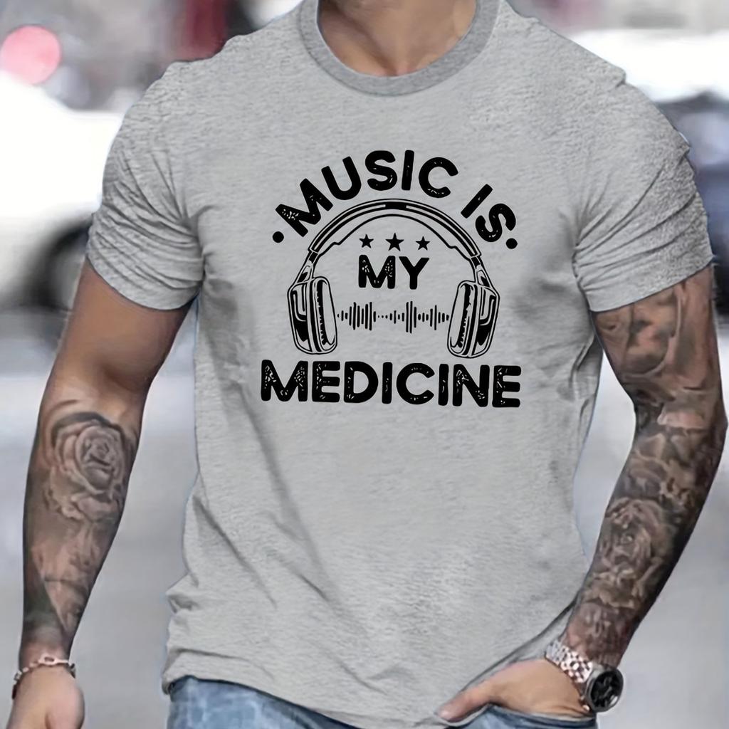 Musik Medizin Grafik T-Shirt Herren Kurzarm Baumwoll-T-Shirt Bequeme Freizeitkleidung für Musikliebhaber mit auffälligem Druck