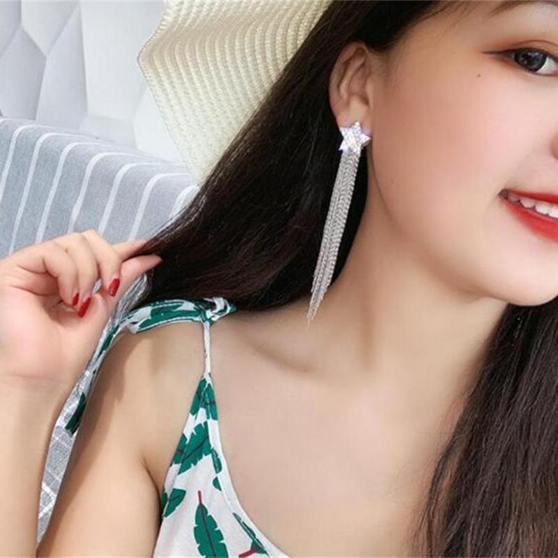 Pentagram Tassel Earrings Full Of Diamonds Pentagram Earrings Long Earrings Simple And Versatile