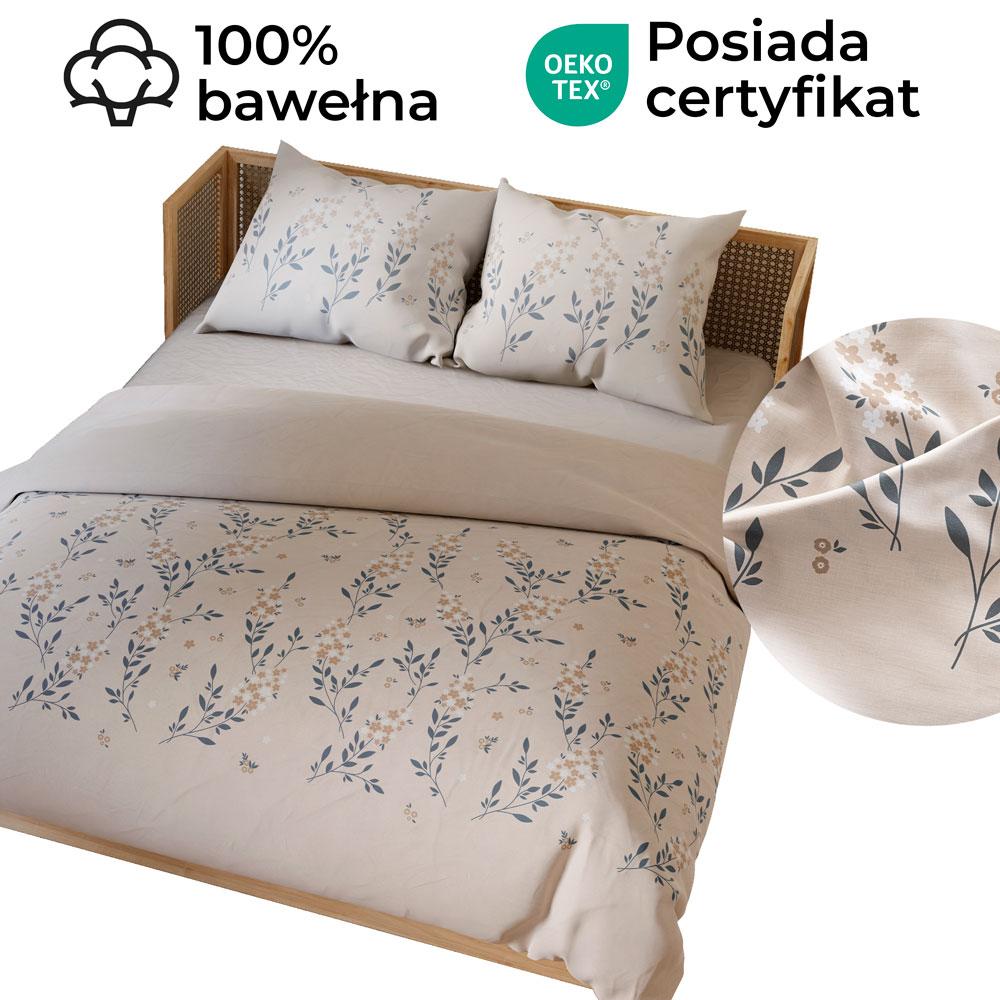 Amalia - Satin Bedding Set - Beige with Blue and Caramel Accents - Small Flowers - 220X200 Cm