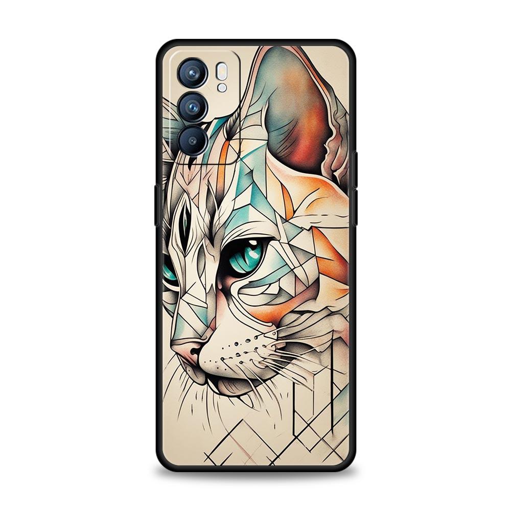 Abstract Creative Cat Line Phone Case For Oppo A17 A31 A54 A57 A78 A79 A98 Find X5 X6 Reno 10 11 12 13 F Pro 5G Soft TPU Cover