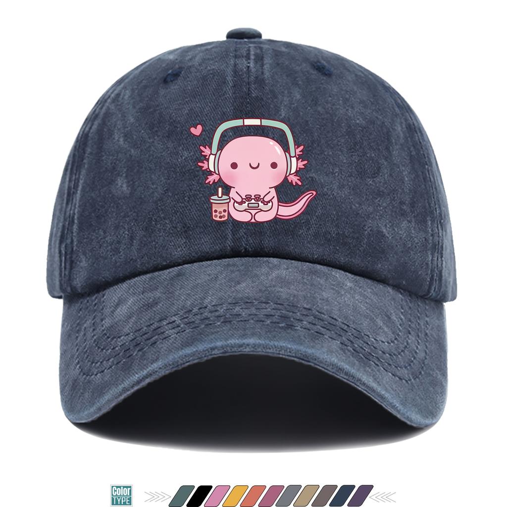 Kawaii Axolotl Gamer Bubble Tea Gewaschene Baseballkappe Unisex Verstellbare Baumwolle Papa Hut