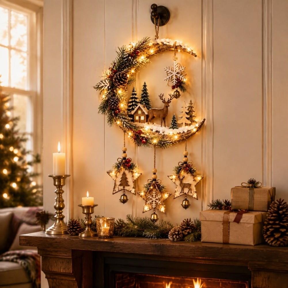 Rustic Christmas Crescent Moon Wall Decor Wooden Crescent Moon Wall Hanging Ornament Vintage Farmhouse Wooden Moon Hanging Sign