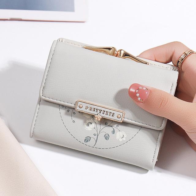 Purse women's summer new Korean PU printed buckle 3 fold bag simple all-in-one short women's money clip multi-card folding flap