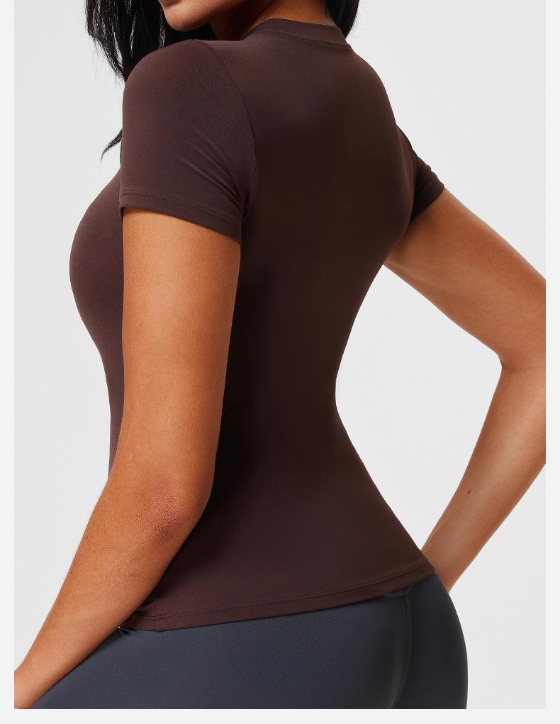 Damen Nude-Feeling Amerikanischer Stil Schnelltrocknendes Kurzarm-T-Shirt - Schlankmachendes Yoga-, Sport-, Fitness- und Laufoberteil