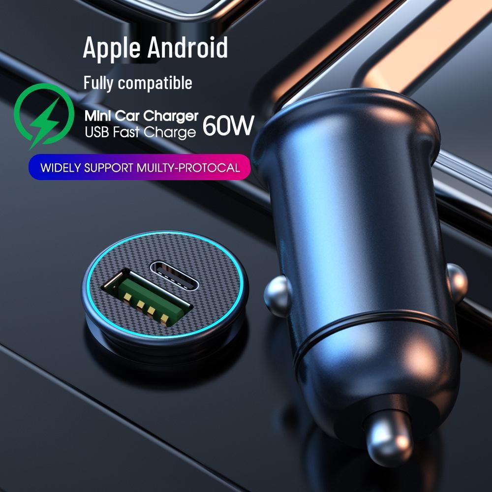 60W Mini PD USB-C Car Charger for Apple & Huawei with QC3.0 Compatibility