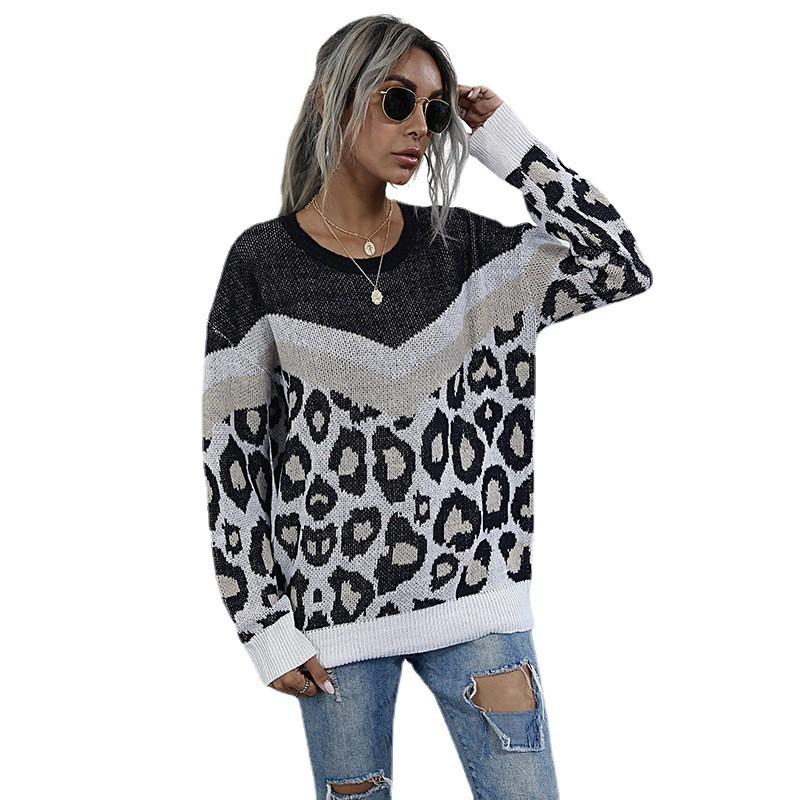 Womens Loose Fit Long Sleeve Knit Sweater With Leopard Print Round Neck Casual Korean Style