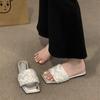 Summer with skirts, small sandals, and women's shoes. New silver square-headed open-toed soft flat-bottomed one-word slippers.