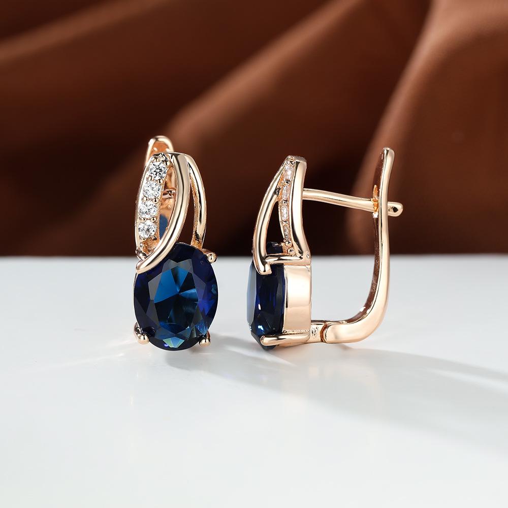 Oval Blue Zircon Diamond Champagne Gold-Plated Earrings for Weddings & Engagements