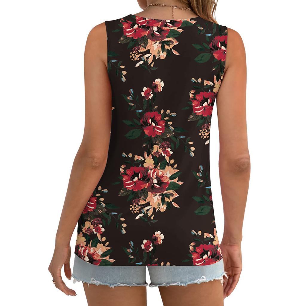 T-shirt estiva con stampa floreale per donna Top casual girocollo senza maniche gilet attorcigliato