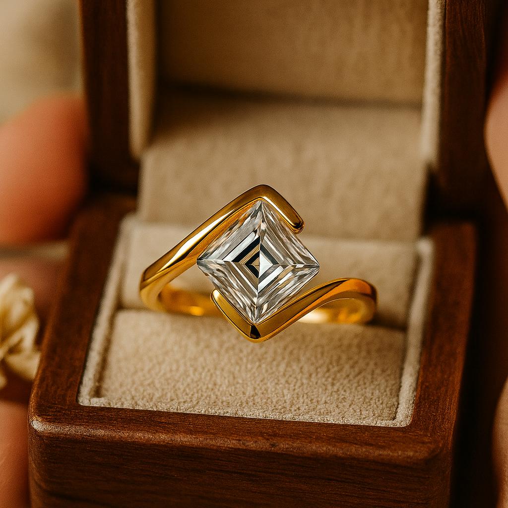 Princess Cut Moissanite Engagement Ring, Half Bezel Wave Design, Yellow Gold Plated Bridal Jewelry, Anniversary Promise Ring for Her