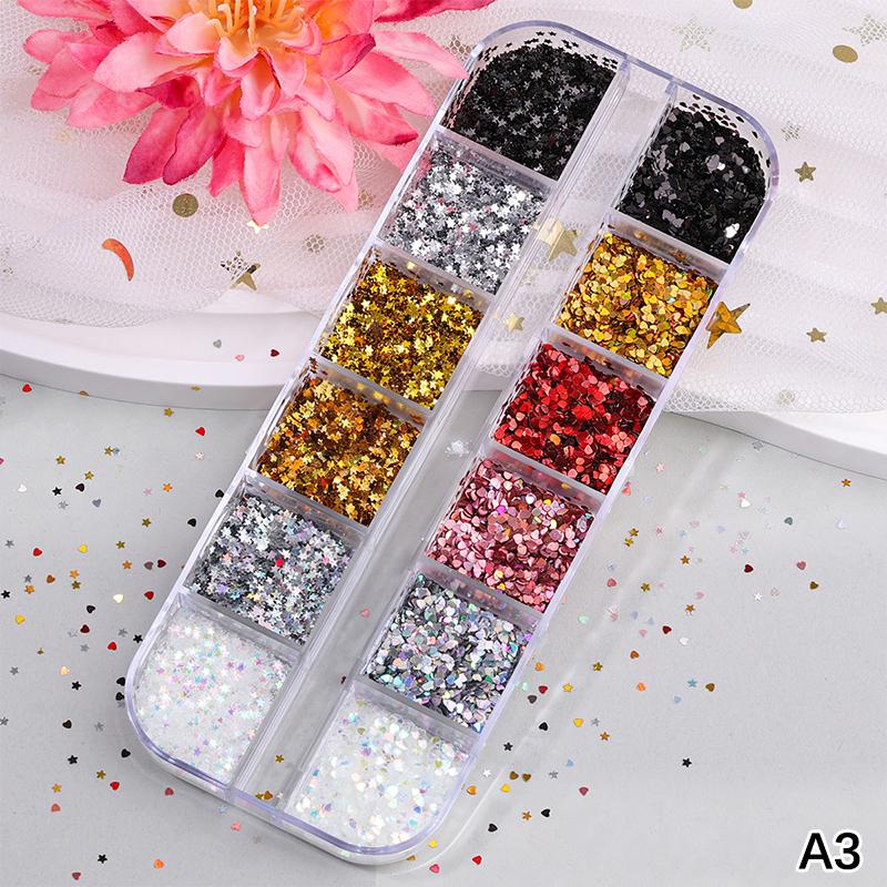 12 Grids Mixed Star Heart Nail Glitter 1Mm Star Sequin Nail Art Diy Colorful Sparkling Nail Charms Nail Decoration Accessories