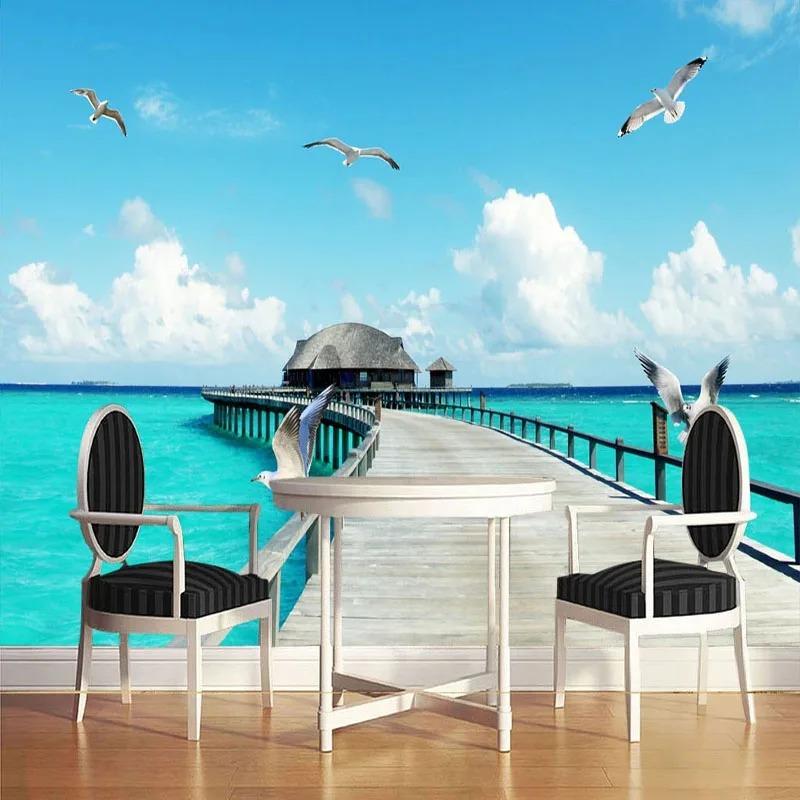 Modern 3d Wall Mural Seascape Wooden Bridge Wallpaper Living Room Restaurant Background Wall Mural Home Decor