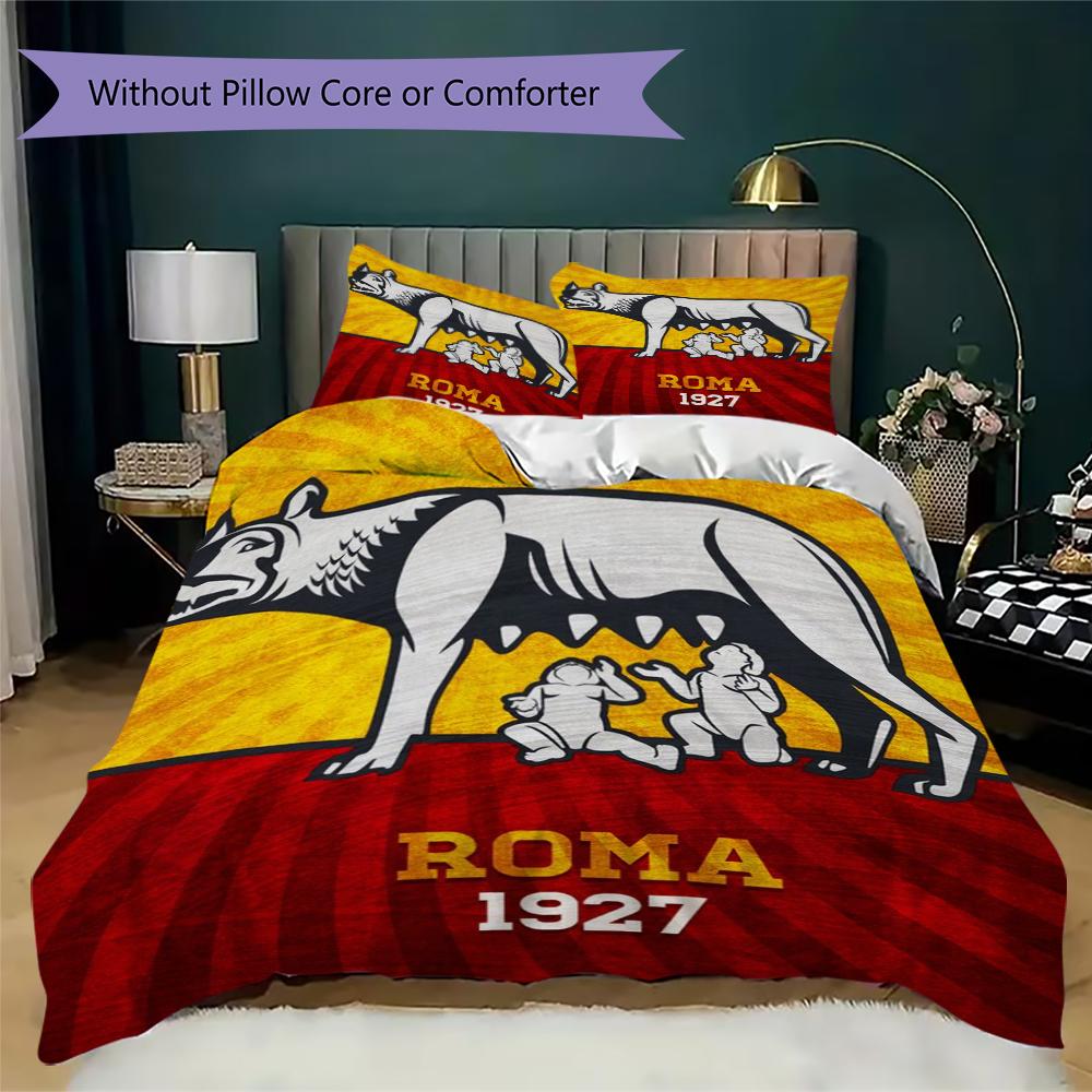 Set lenjerie de pat cu model A.S. Roma Cearșaf pilotă Huse pernă Decorațiune casă Cadou de ziua de naștere (1 * husă de pilotă + 2 * fețe de pernă fără miez)01