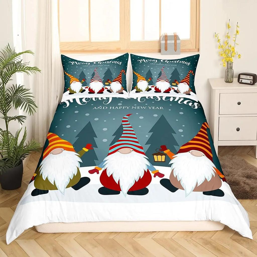 Merry Christmas Bedding Sets Christmas Santa Gnomes Comforter Cover Snowing Santa Claus Bedding Sets For Kids Boys Girls Decor
