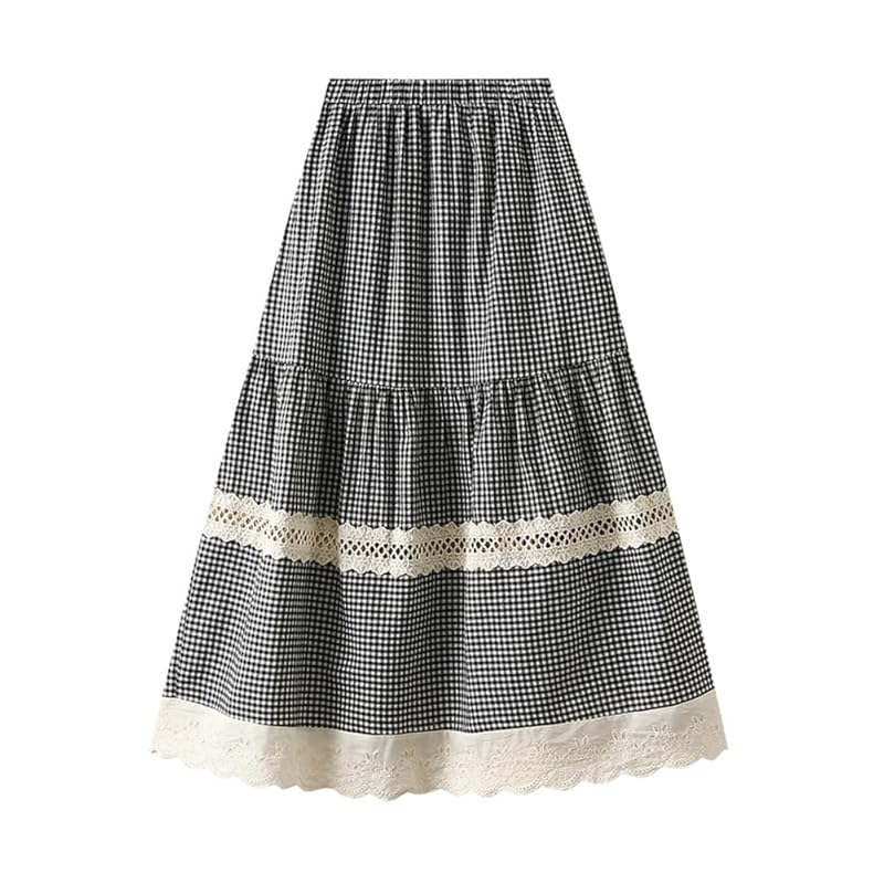 

[KADE MEYAIB] ladies long skirt cotton plaid pattern girl mori girl vintage body shape cover high waist race skirt cute rubber lined big size everyday