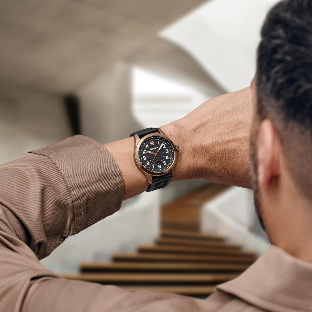 WENGER TERRAGRAPH Bronze PVD Stainless Steel Case Black Black Silicone Quartz 100m Water Gift Idea Men's Watch, (316L), Dial, Strap, Movement,
