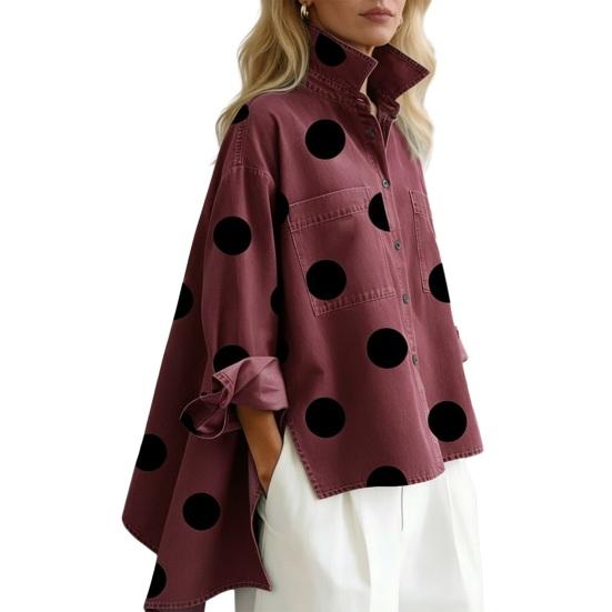 

Polka Dot Denim Shirt for Women Loose Fit Button-Down Top with Chest Pockets Casual Oversize Outerwear Spring Summer Fashionable Trendy S фіолетовий