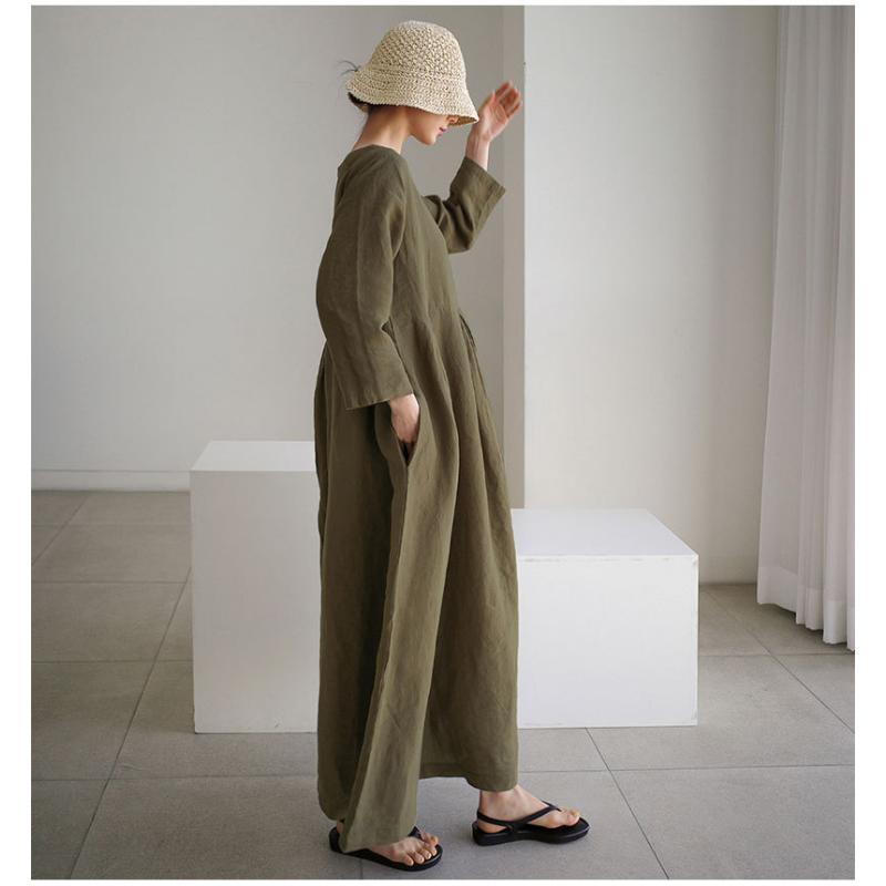 New Women's Plus Size Cotton Linen Dress, Loose Fit Round Neck Long Sleeve Knee-Length Pullover, Japanese Korean Forest Girl Style Casual Summer Dress