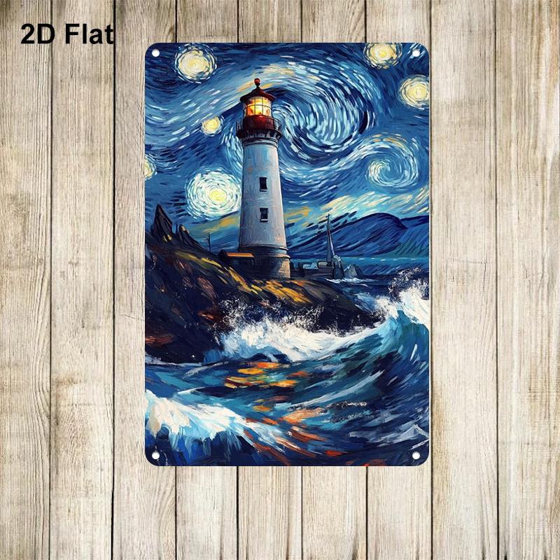 2D Flat, 2D Flat - Vintage Metal Sign Featuring a 2D Flat Design of a Van Gogh Style Lighthouse Against a Starry Night, Measuring 20.32X30.48cm, Perfe