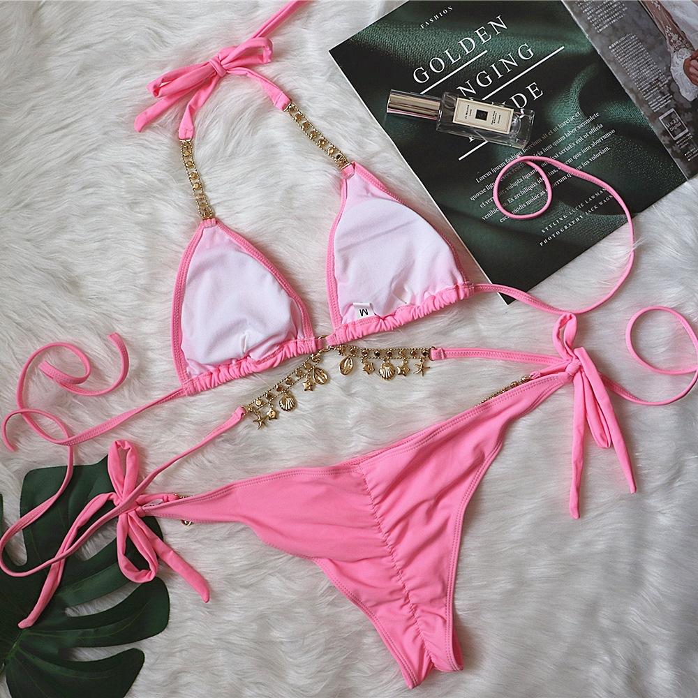 Swimsuit Sexy Strap Solid Color Female Crystal Diamond Bikini Creative Swimsuit