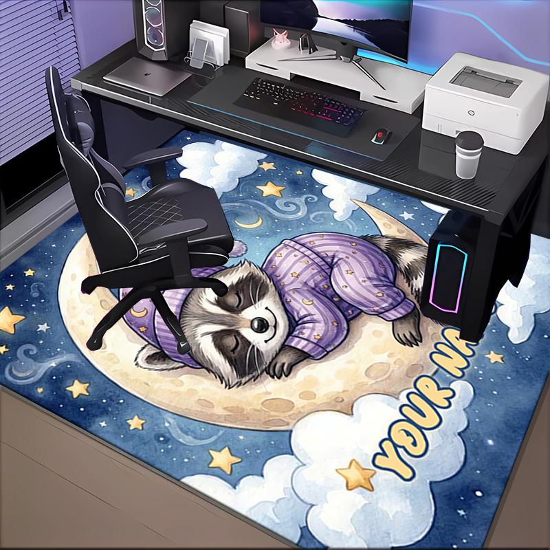 1PC Custom Name Raccoon Dreams Moon Theme Floor Mat Ideal for Living Room, Game Rooms, Office, Bedroom, Floor Mat Playful Design