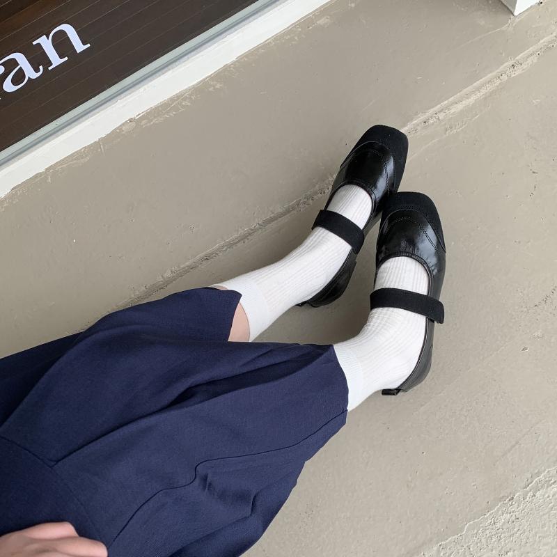 Fashion IPPEUM Women Ballet Flats Shoes Square Toe Buckle Black PU Leather Vintage Ballerina Shoes