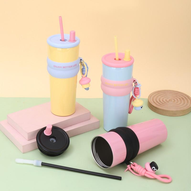 Stainless Steel Vacuum Insulated Travel Mug With Carabiner Strap Leakproof Straw Lid 700ml Office Car Outdoor Use