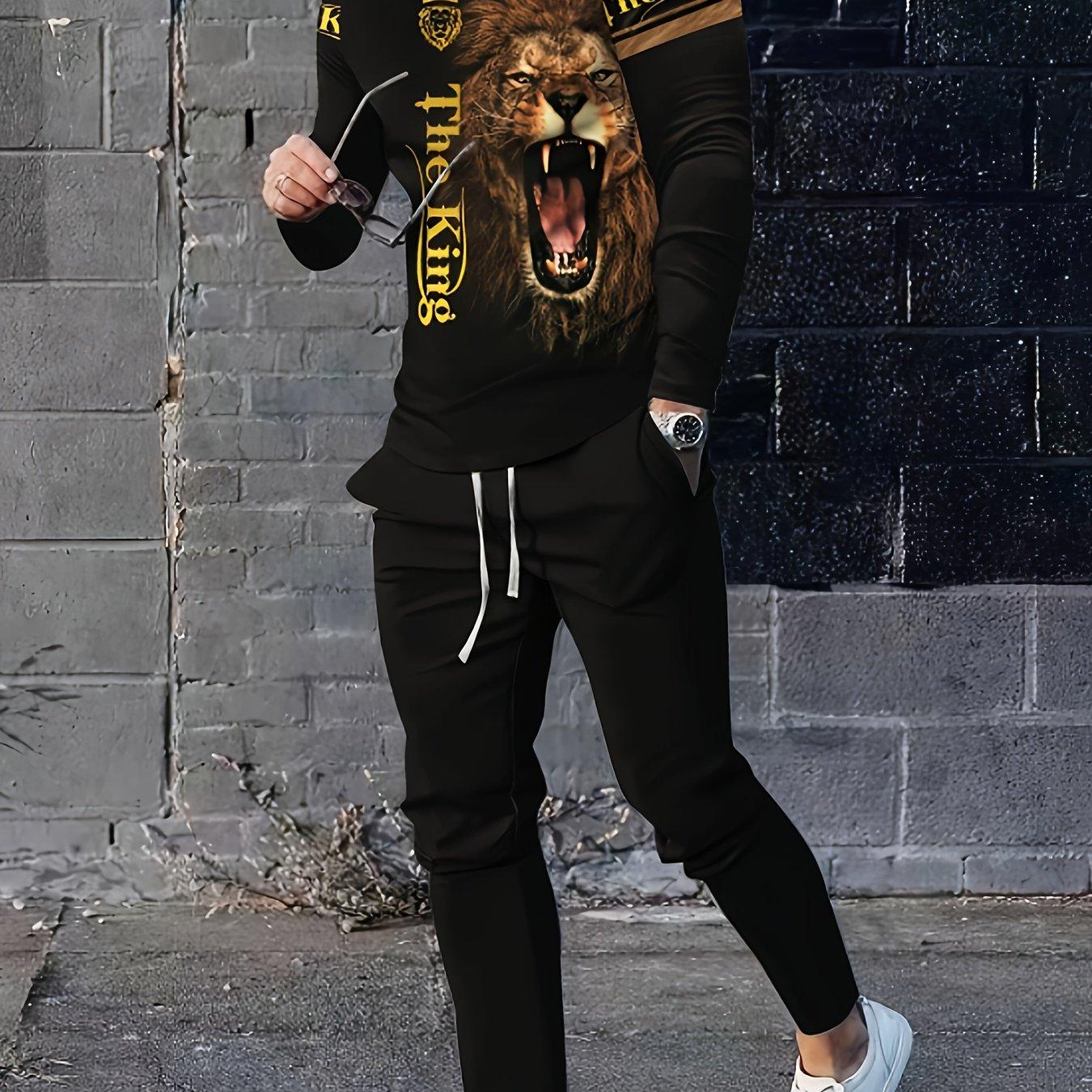 

Комплект из 2 предметов мужской уличной одежды, мужская футболка с длинными рукавами и круглым вырезом с принтом «Рычащий лев» с 3D-принтом, длинные брюки на шнурке, комплект для активного отдыха на весну и осень 4XL