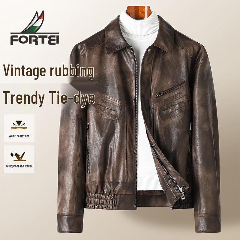 Futing Men's Retro Tie-Dye Faux Leather Motorcycle Jacket