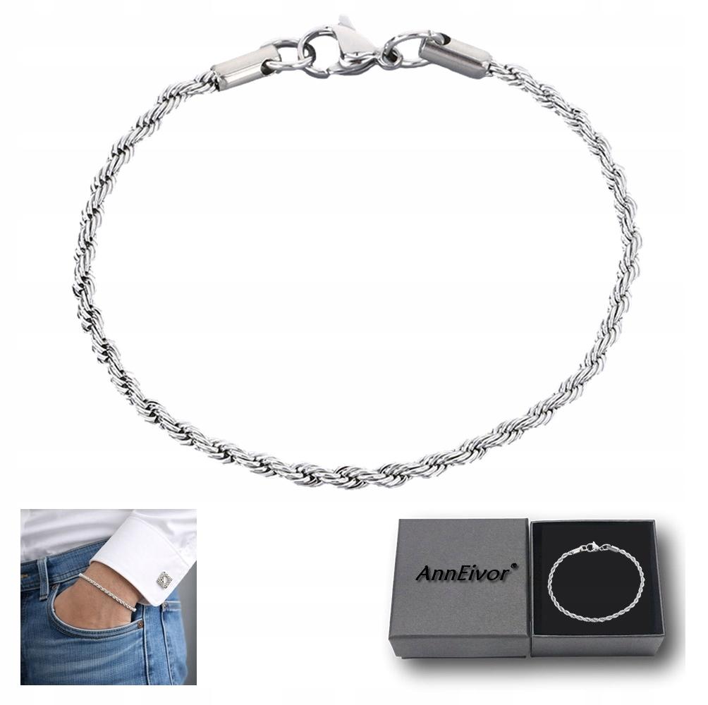 Men's Silver Bracelet 18 Cm Braided Twist Thin 3 Mm Titanium Steel