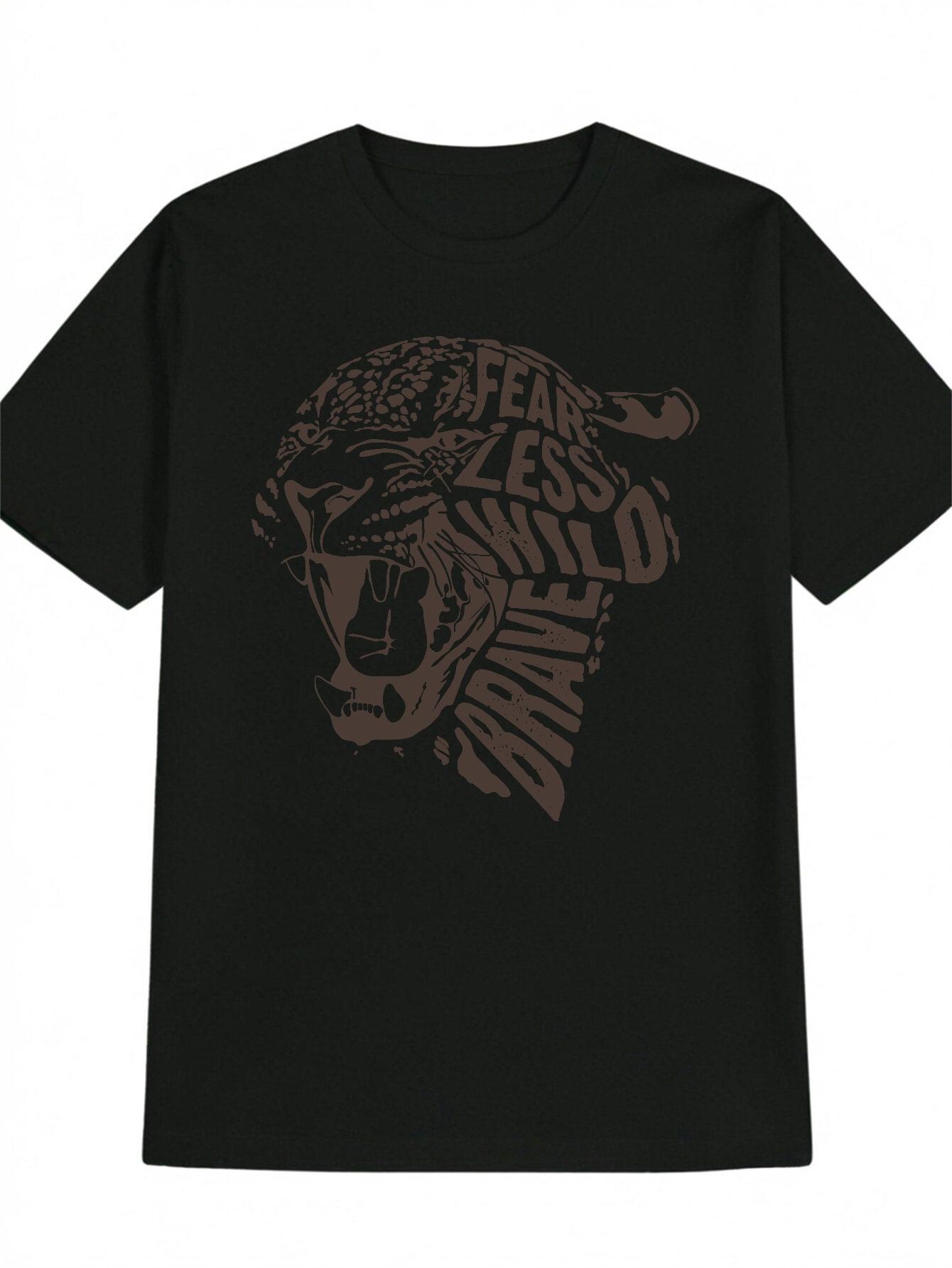 

Casual Graphic T-shirt with Animal Silhouette & Bold Typography Print - Round Neck Summer Tee in Black/Dark Brown XXL